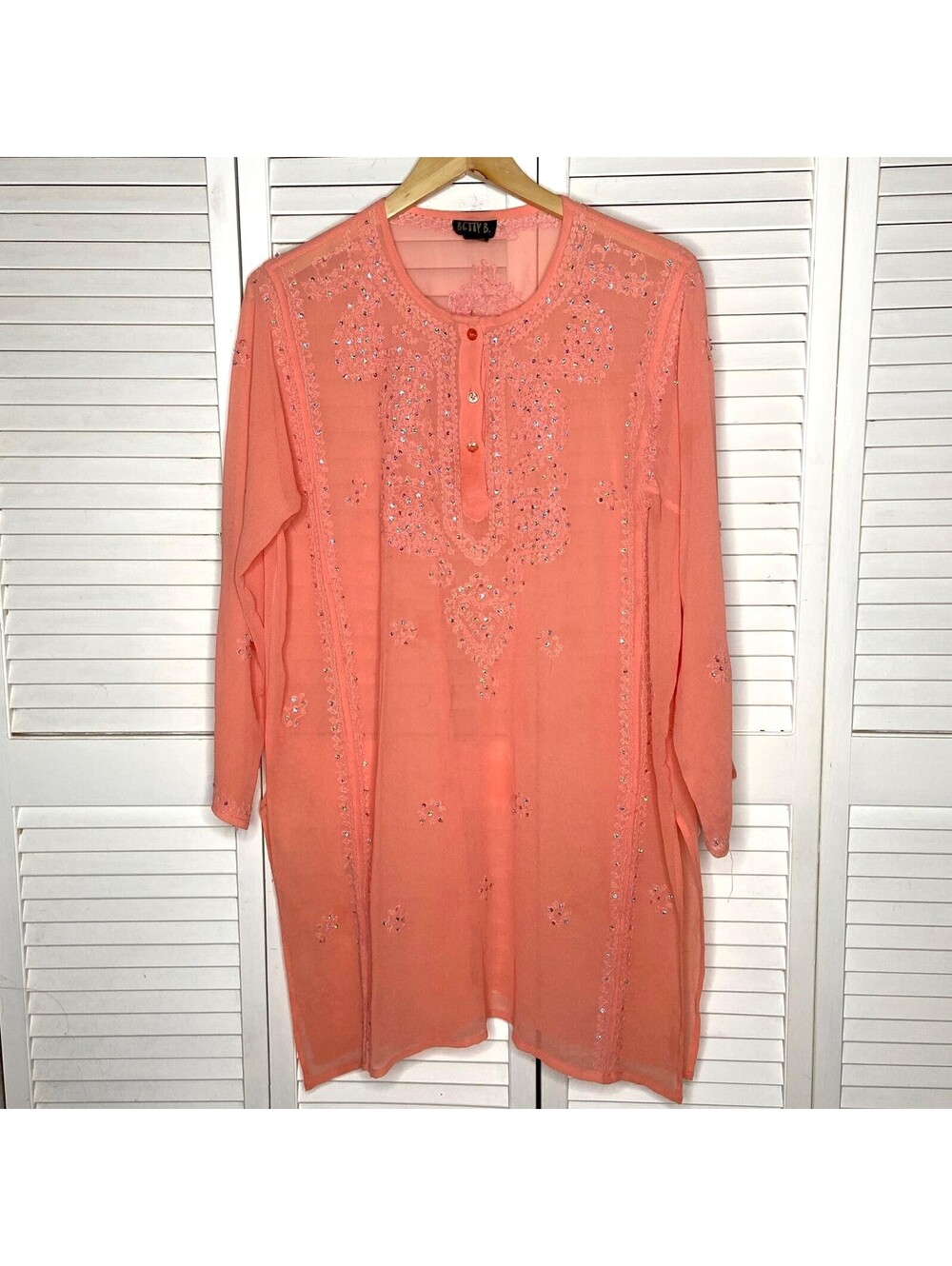 Betty B Embellished Coral Orange Tunic Kaftan Top Sequin Gypso Boho One Size Y2K